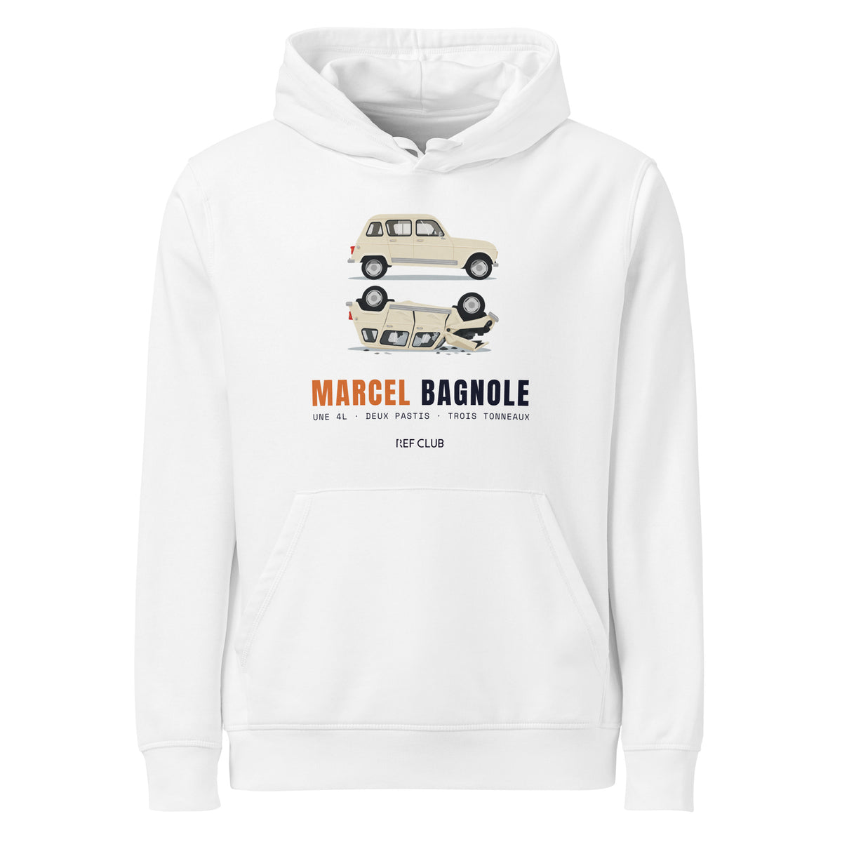 Sweat blanc MARCEL BAGNOLE avec deux voitures 4L, dont une retournée