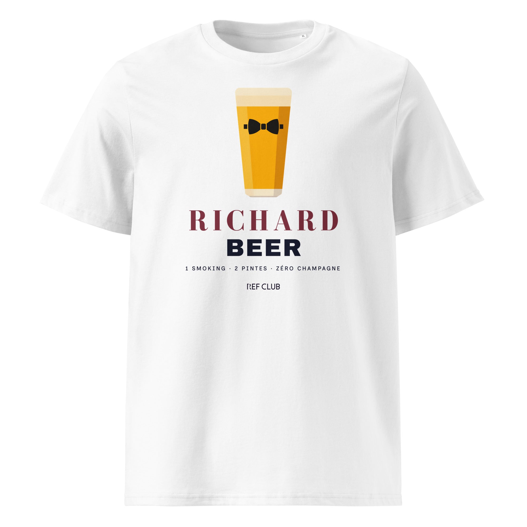 T-shirt blanc RICHARD BEER avec pinte de bière et nœud papillon – Ref Club