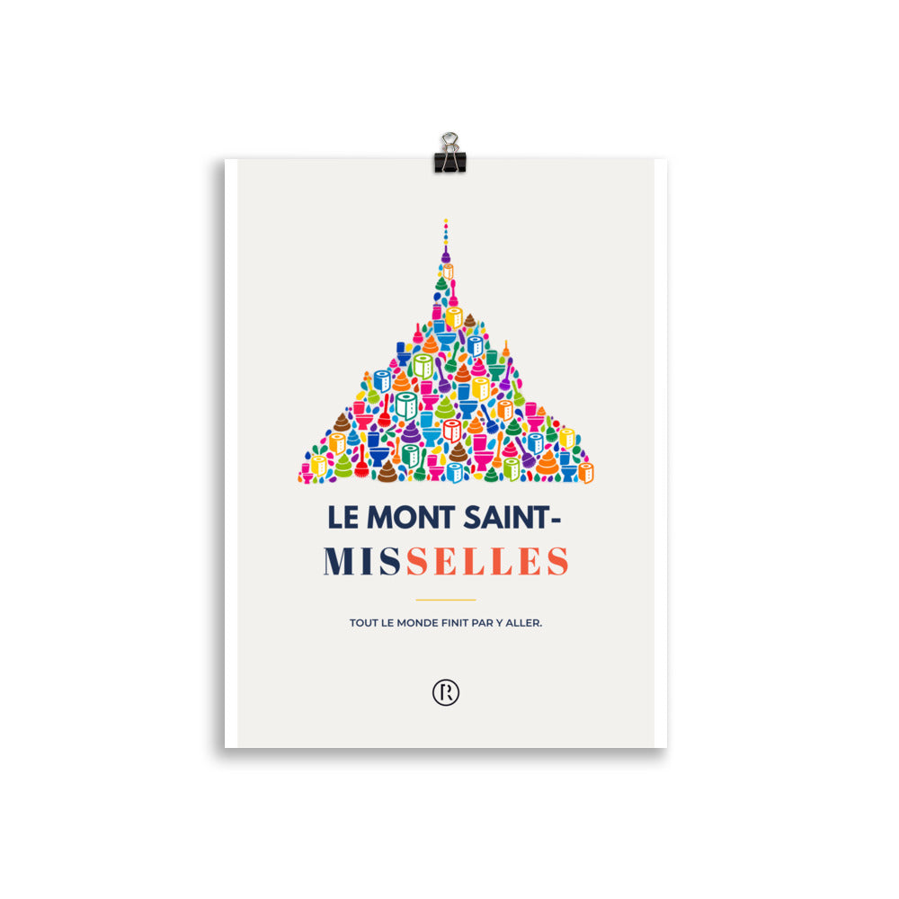 Affiche LE MONT SAINT-MISSELLES avec Mont composé de pictogrammes de toilettes, rouleaux de papier et brosses – Ref Club