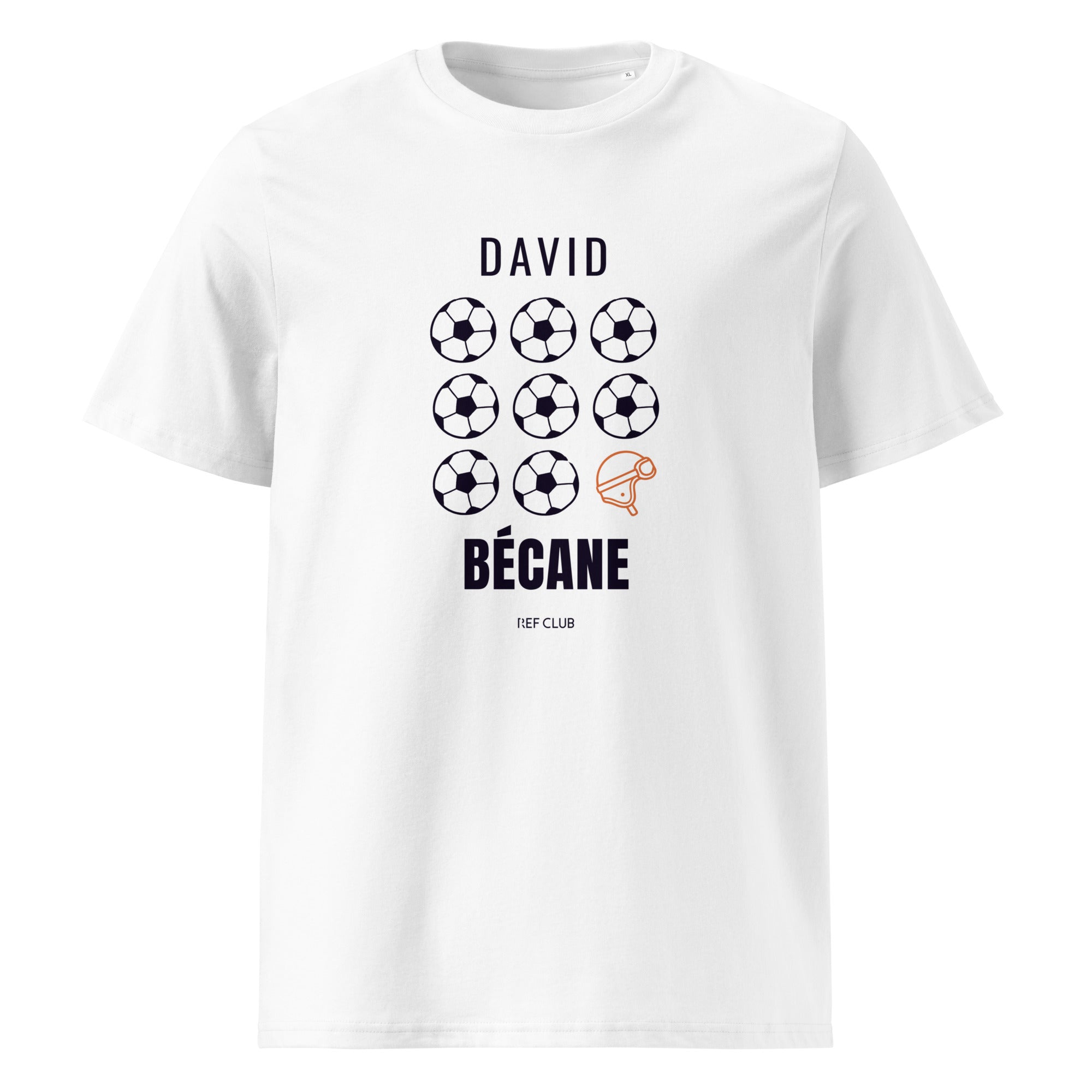 T-shirt blanc DAVID BÉCANE avec visuel football et moto, vue de face