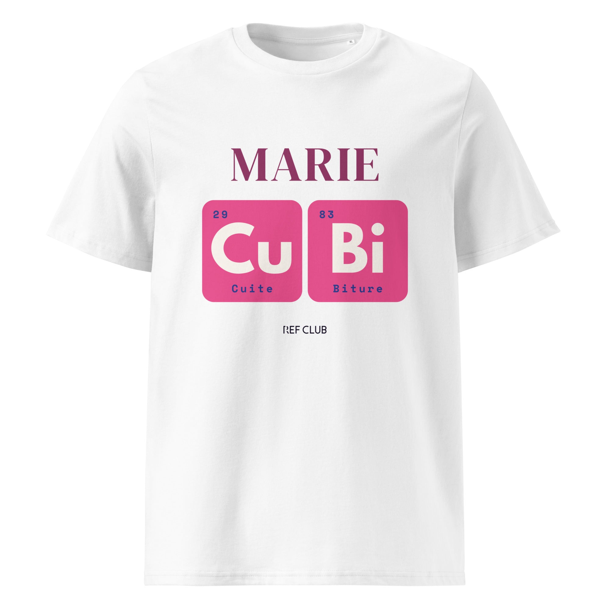 T-shirt blanc MARIE CUBI avec visuel rose inspiré du tableau périodique, vue de face