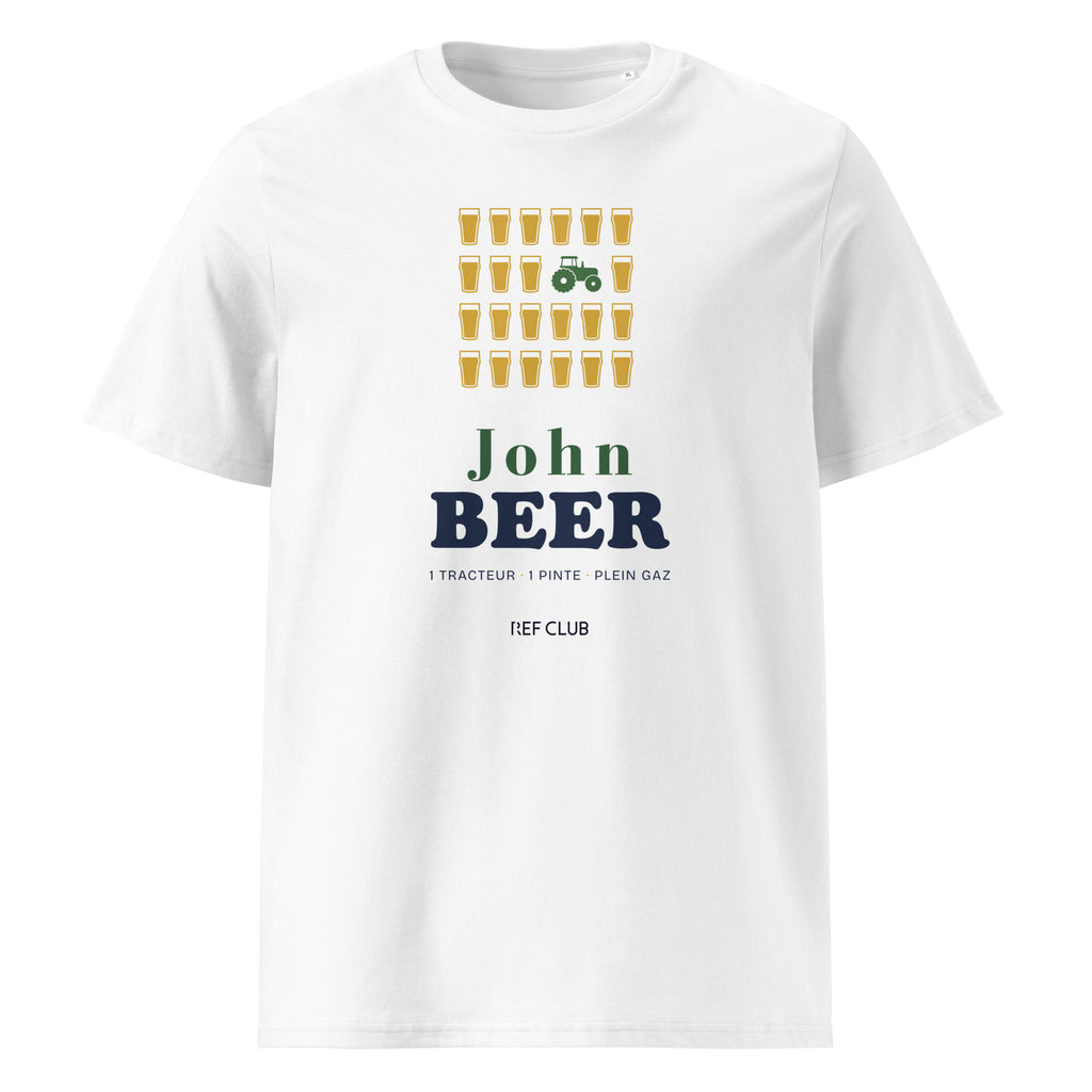 T-shirt JOHN BEER avec grille de pintes et tracteur en intrus, vue de face