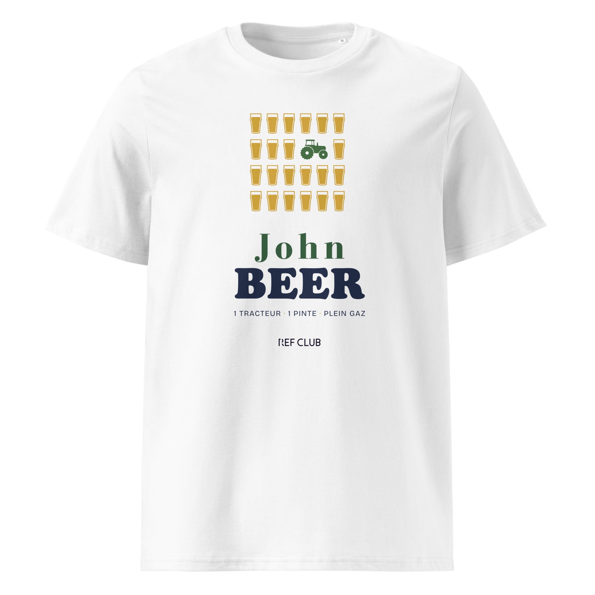T-shirt JOHN BEER avec grille de pintes et tracteur en intrus, vue de face