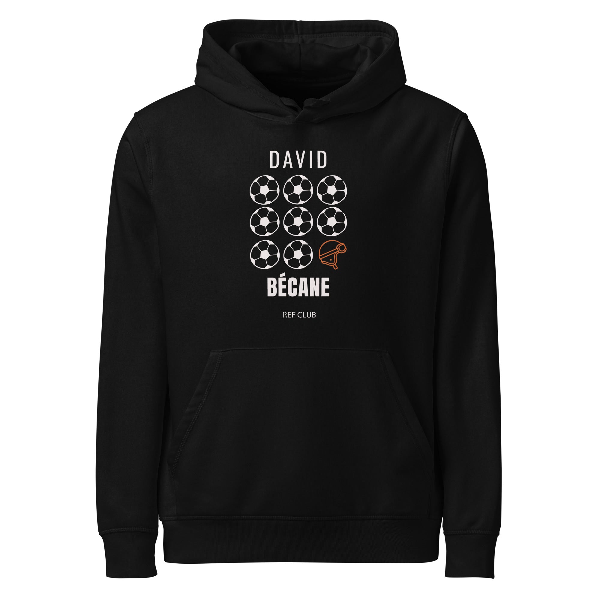 Sweat à capuche noir DAVID BÉCANE avec visuel graphique, vue de face