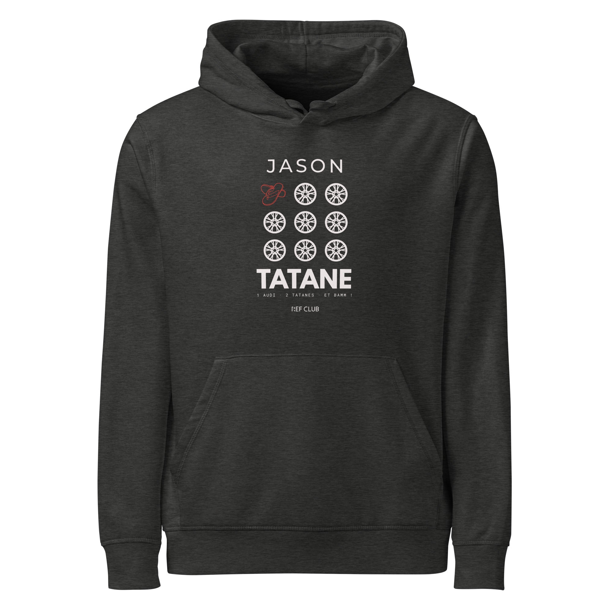 Sweat à capuche gris foncé JASON TATANE avec visuel graphique, vue de face