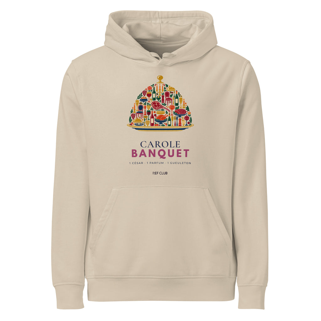 Sweat à capuche CAROLE BANQUET avec illustration colorée de banquet et cloche de service