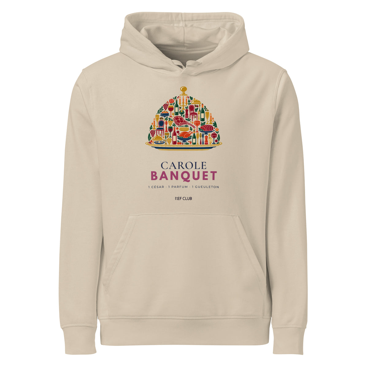 Sweat à capuche CAROLE BANQUET avec illustration colorée de banquet et cloche de service