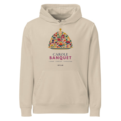 Sweat à capuche CAROLE BANQUET avec illustration colorée de banquet et cloche de service